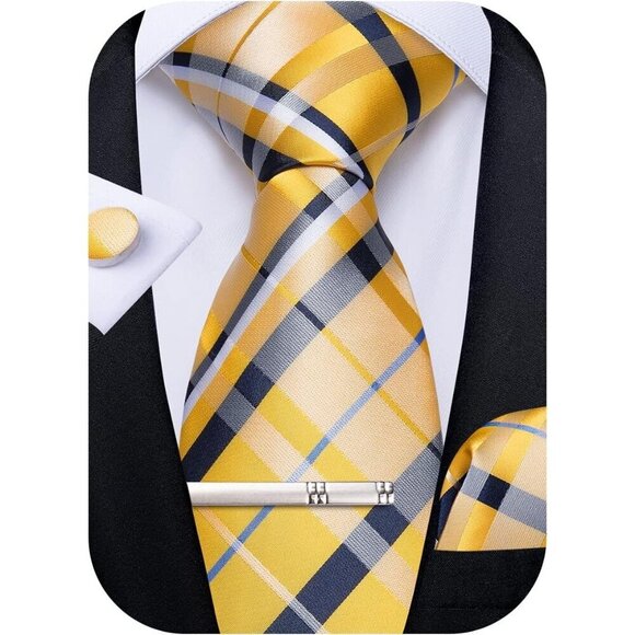 🆕Men Yellow Plaid Silk Checkered Necktie Pocket Square Cufflinks Tie Clip Set